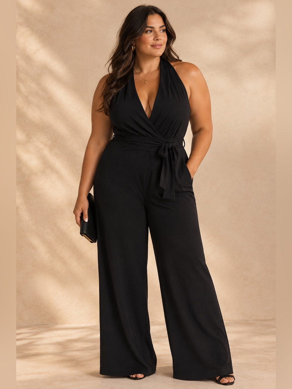 NWT Norma Kamali Black Halter Tie-Waist Jumpsuit